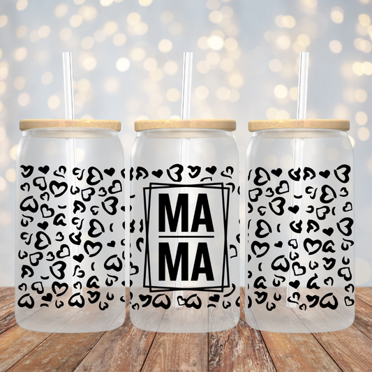 Mama Leopard and Hearts Frosted Glass Tumbler