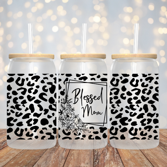 Blessed Mom Leopard Print Frosted Glass Tumbler