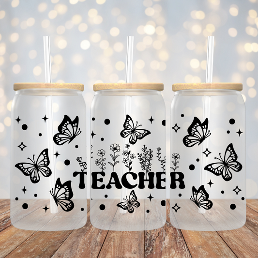 Teacher Flowers and Butterlies Frosted Glass Tumbler