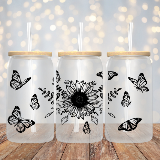Sunflower Butterfly Frosted Glass Tumbler