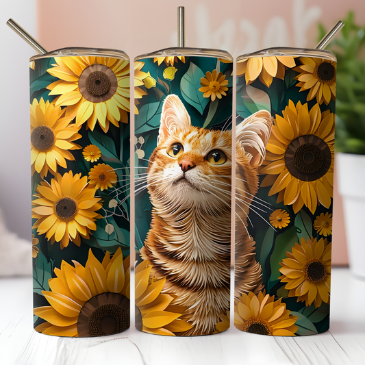 3D Orange Cat and Sunflowers Tumbler